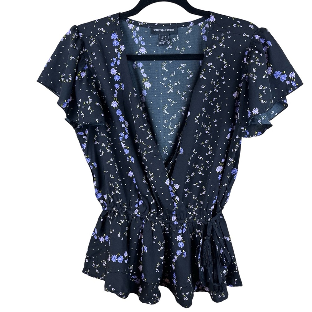 Streetwear Society Black & Lilac Floral Wrap Top, Flutter Sleeve, Peplum Style